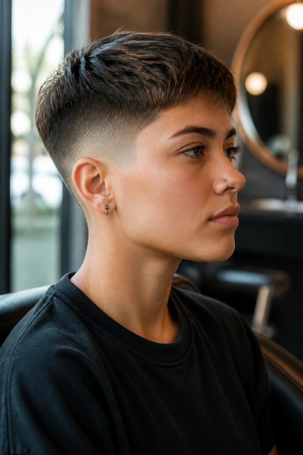 Close-up portrait of a person with a crisp short haircut in a barbershop