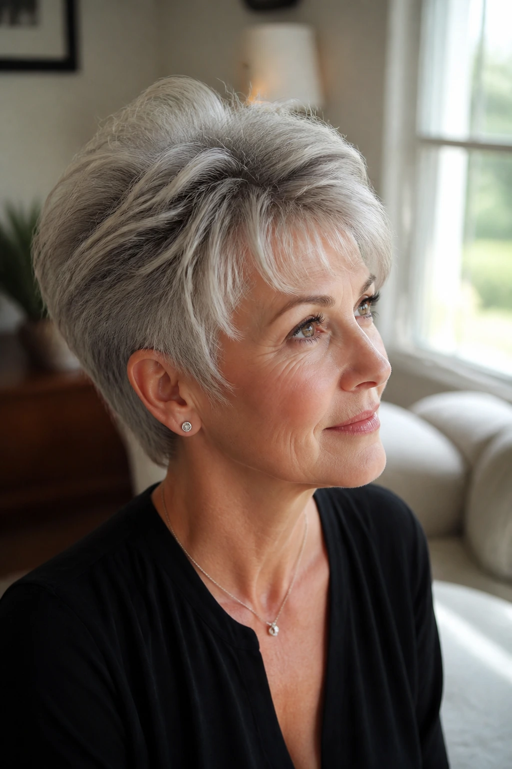Real woman with short cut showing lift at the crown in natural light