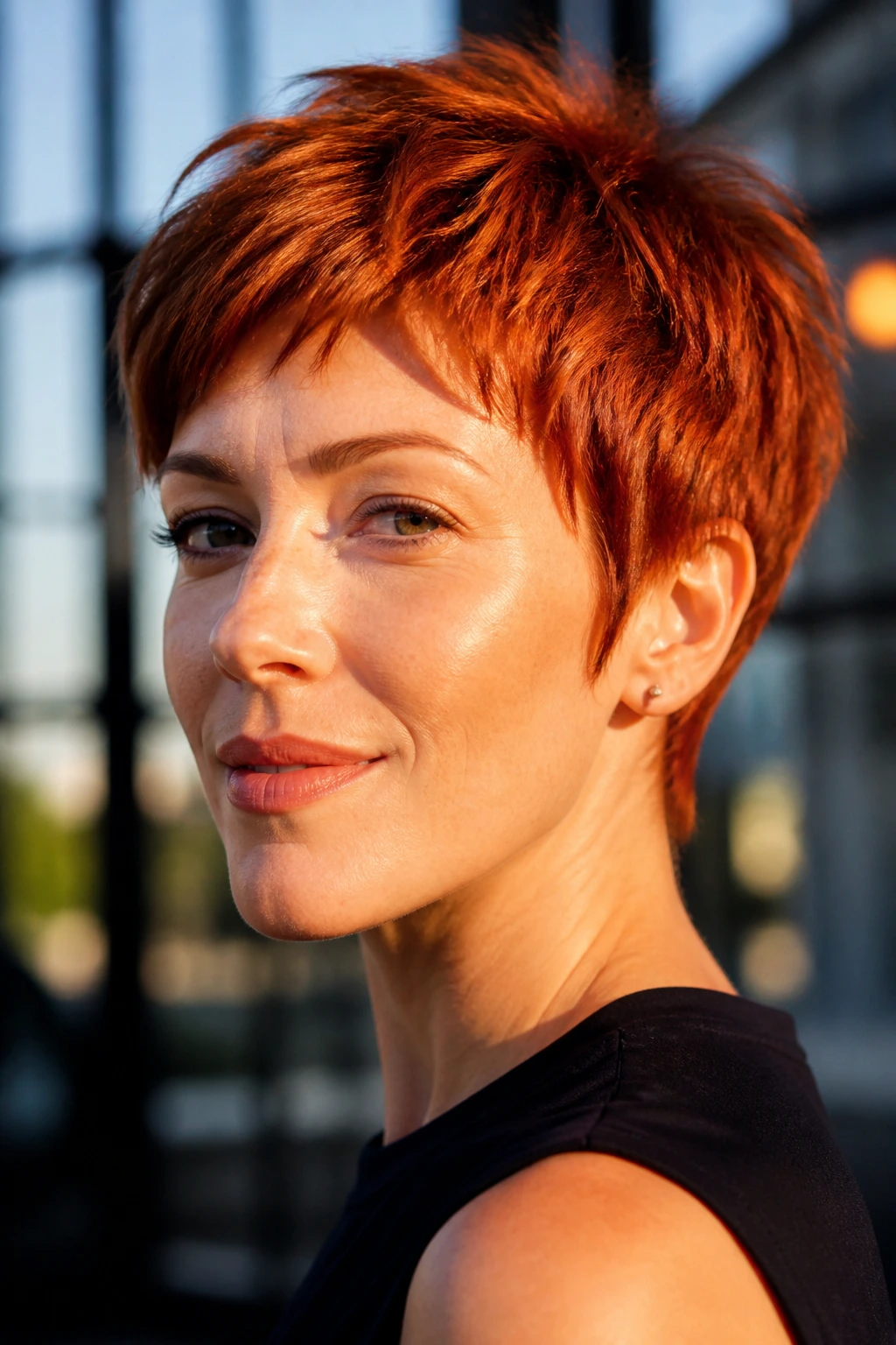 Close-up of a real woman with a bold short red pixie in an urban outdoor setting.
