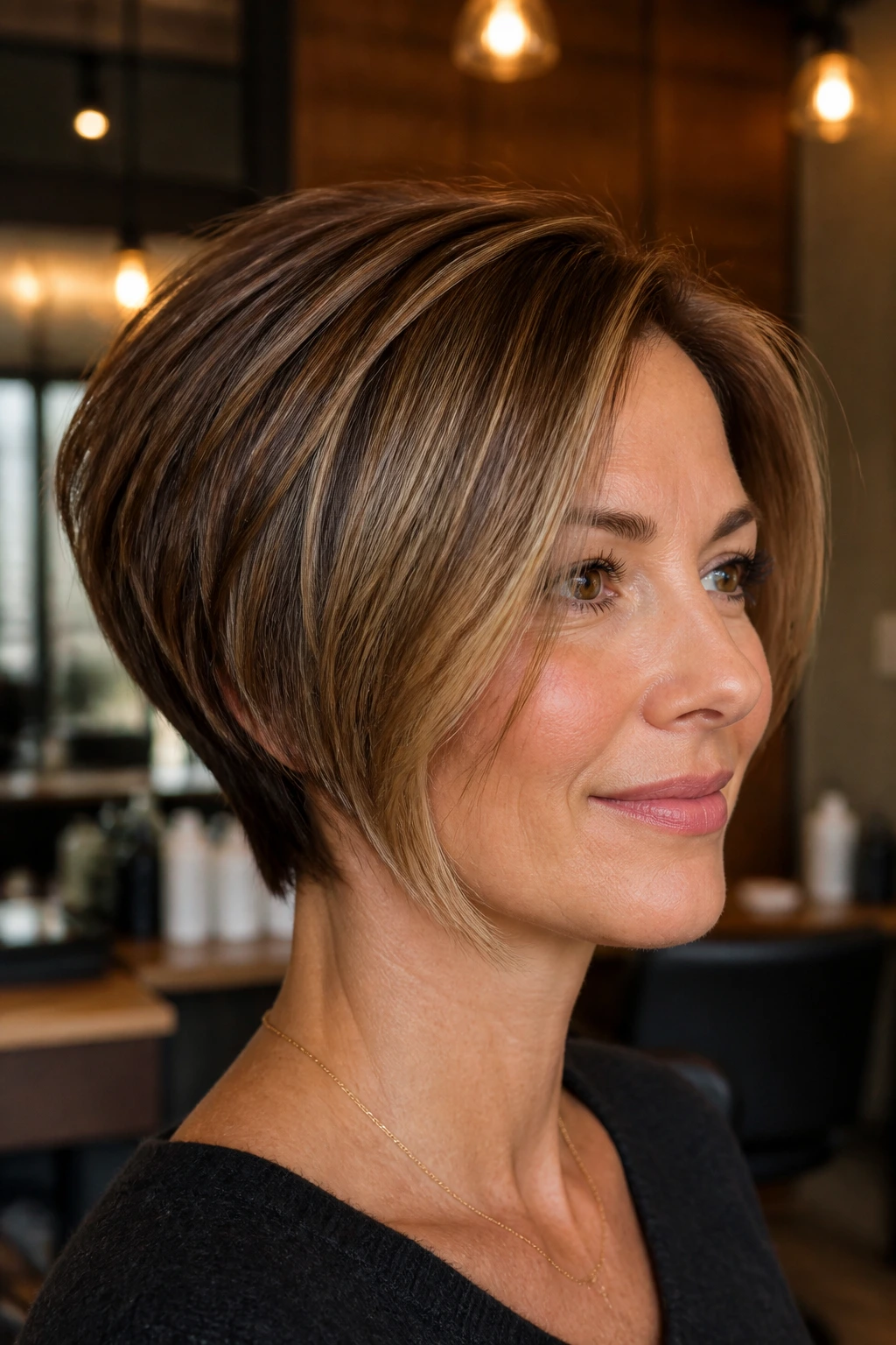 Real person with a well-defined short stacked bob around the jawline