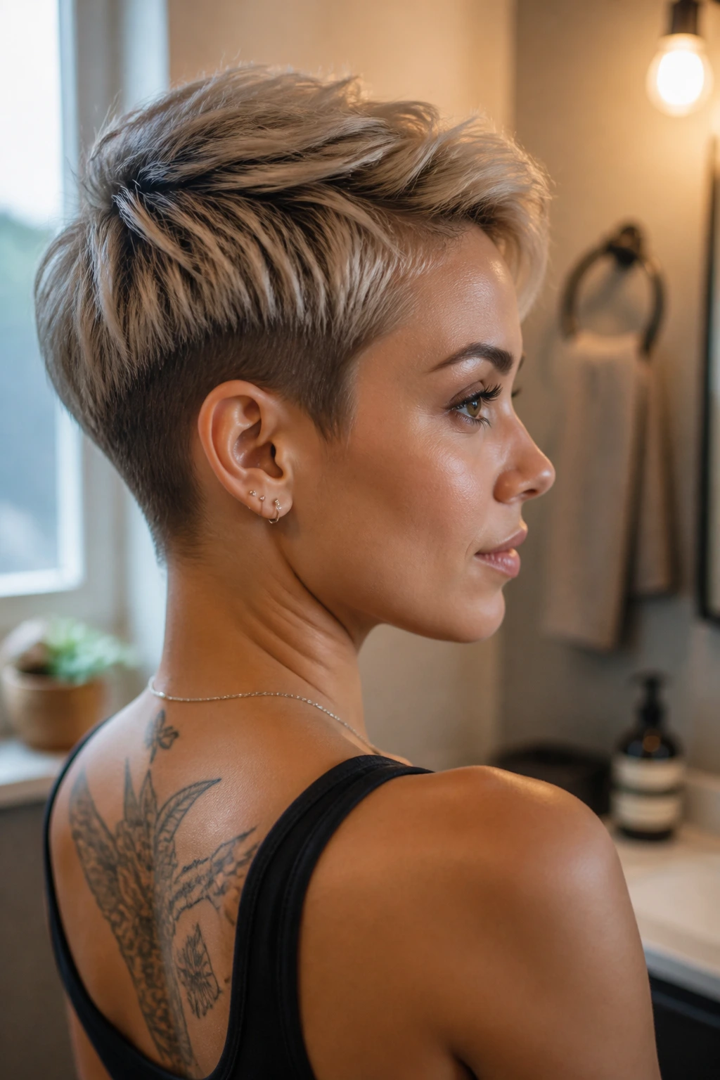 Close-up portrait of a woman with a cropped pixie showing texture and clean nape edge
