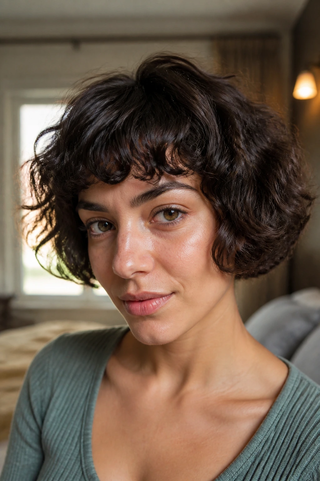 Close-up portrait of a real woman with a blunt short cut showing texture in warm window light