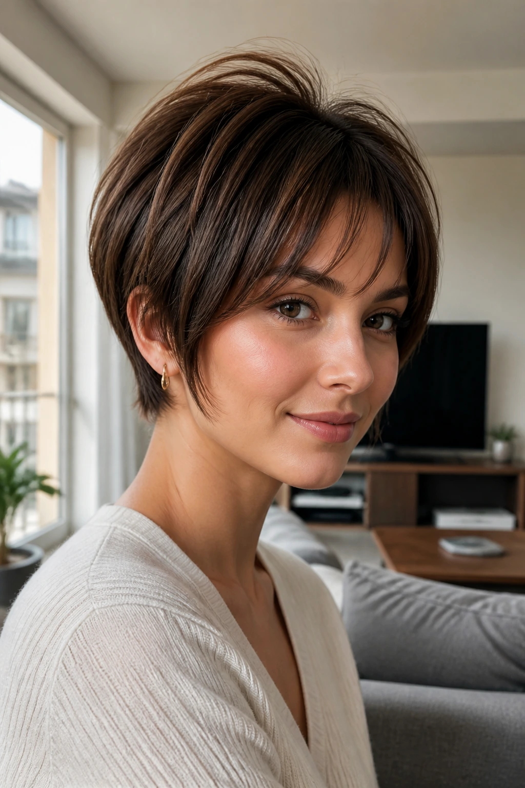 Portrait of a real woman with a short layered cut and crown lift showing variation for fine hair.