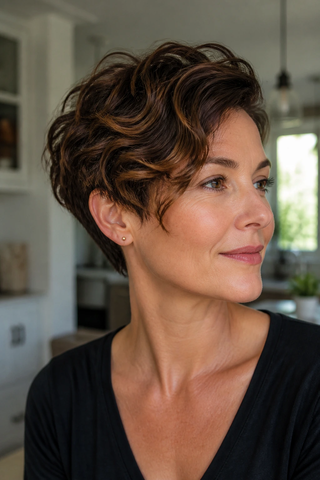 Close-up of a person with short wavy hairstyle in a bright home interior