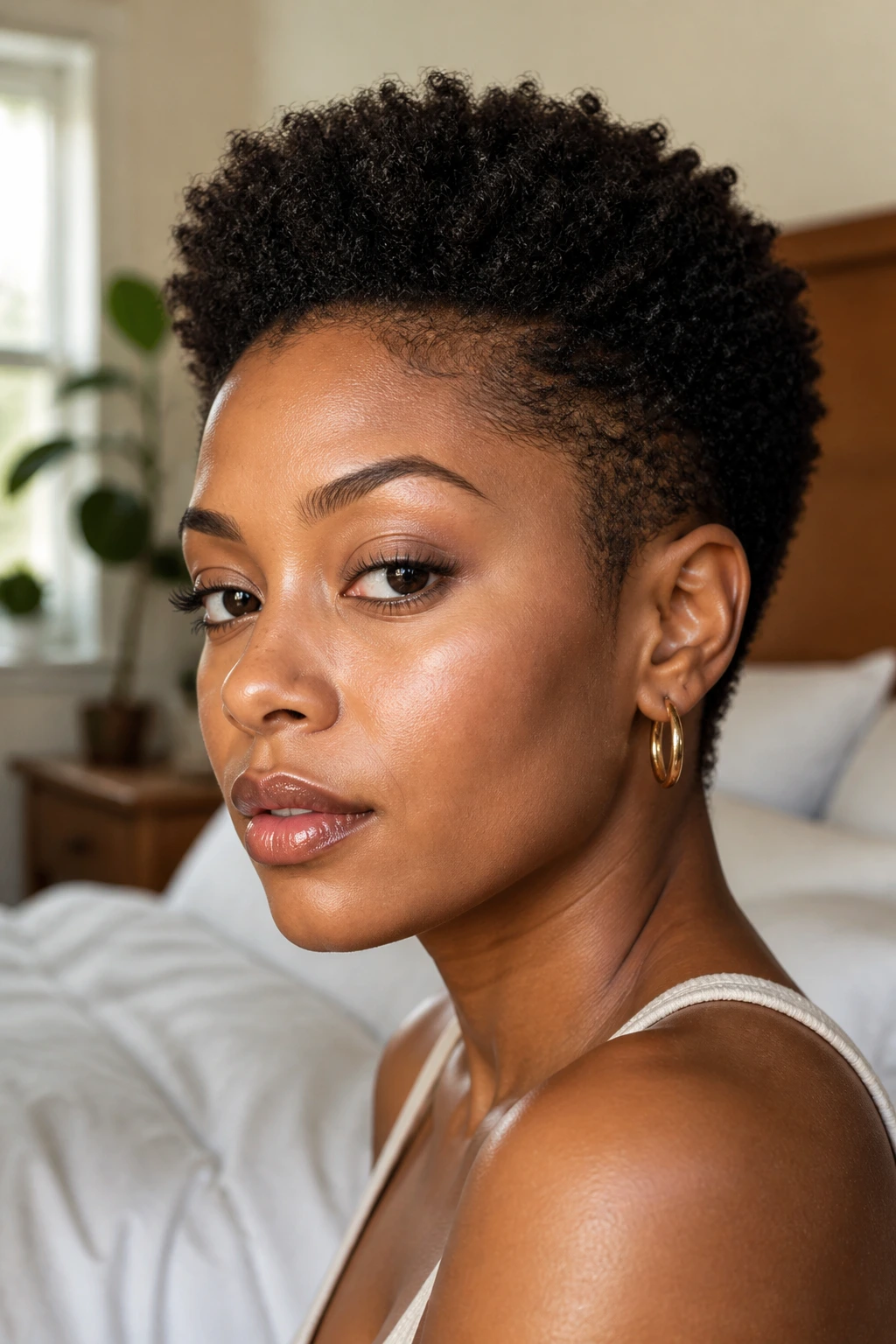 Close-up portrait of a Black woman with a short tapered cut showing shrinkage and crown lift