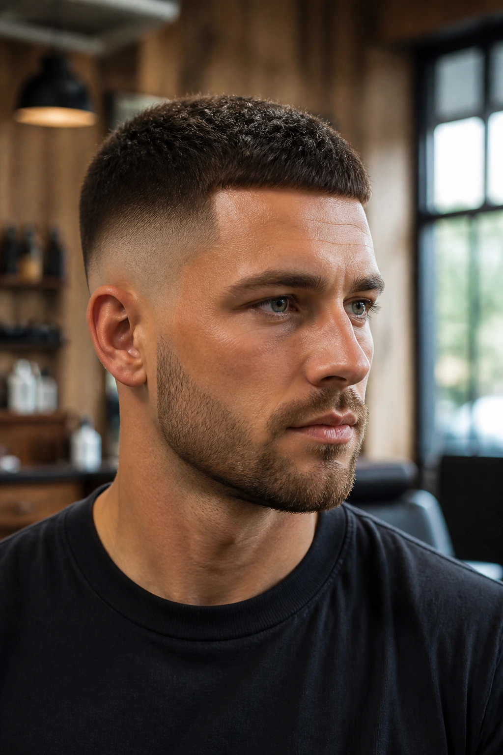 Close-up portrait of a man with a low fade and short top in a barbershop setting