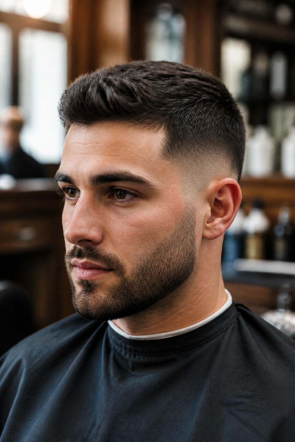Close-up portrait of a man with a short fade and textured top in a barber shop setting