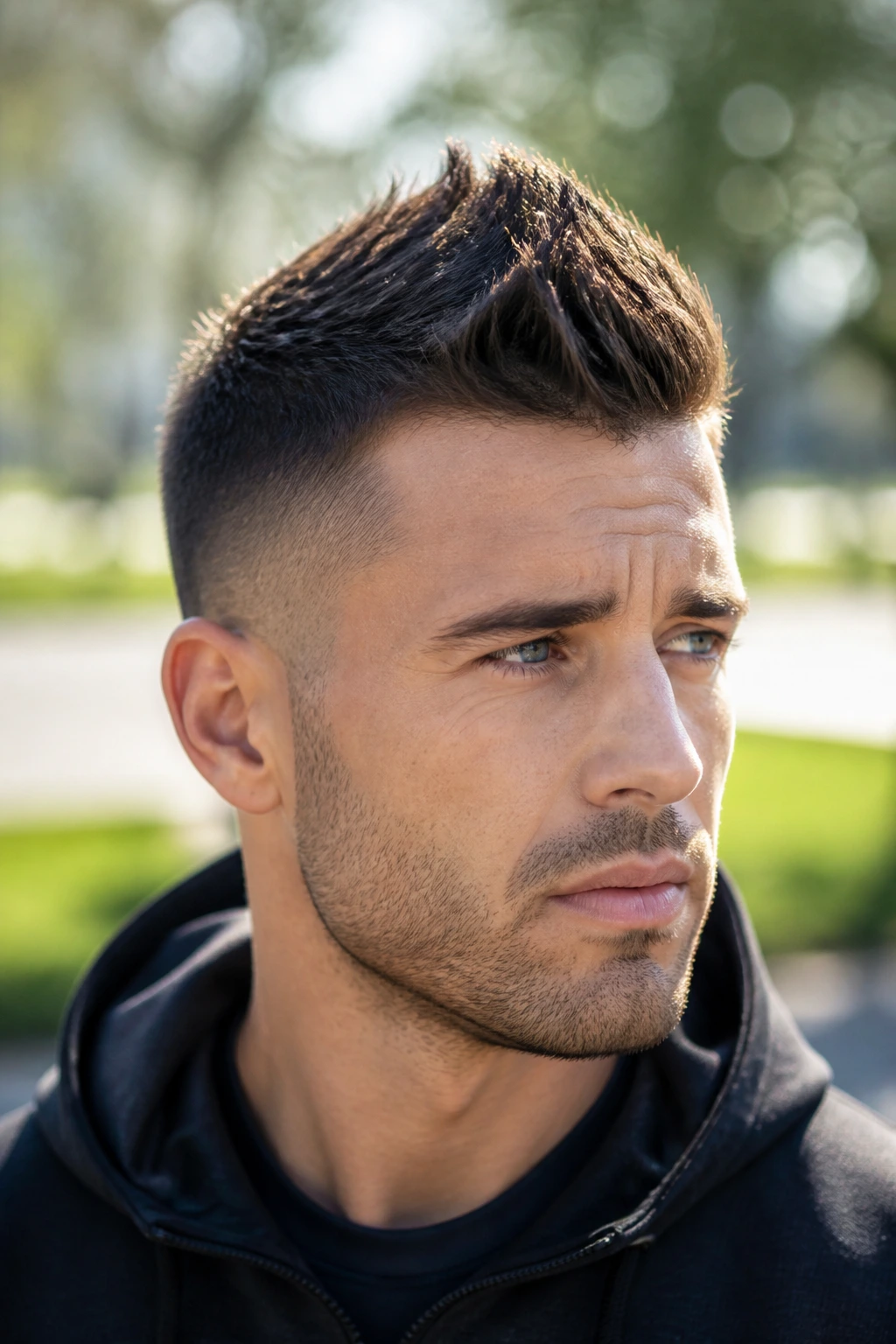Close-up of a man with a short faux hawk in natural daylight