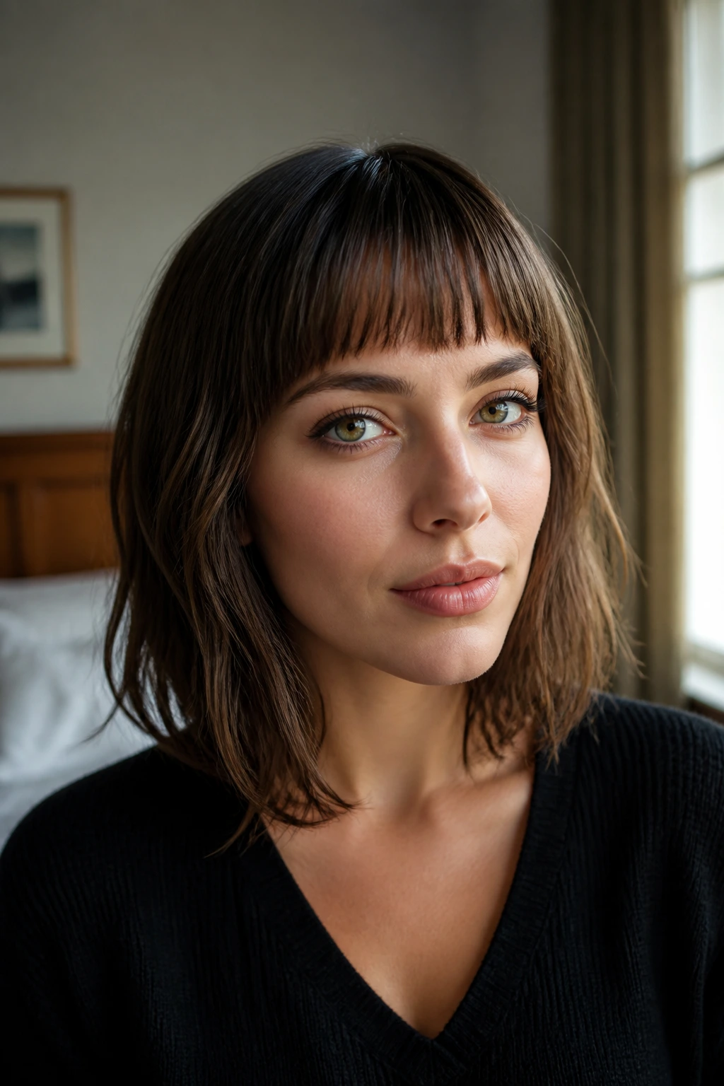 Close-up portrait of a real woman with short forehead bangs lifted at the roots and soft fringe corners