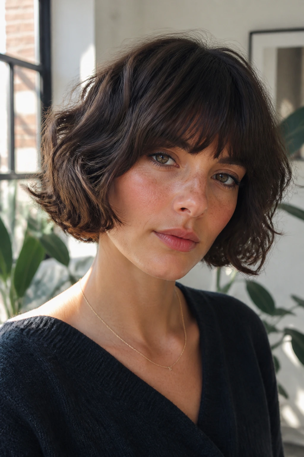 Woman with short French bob shag and full fringe, natural lighting.