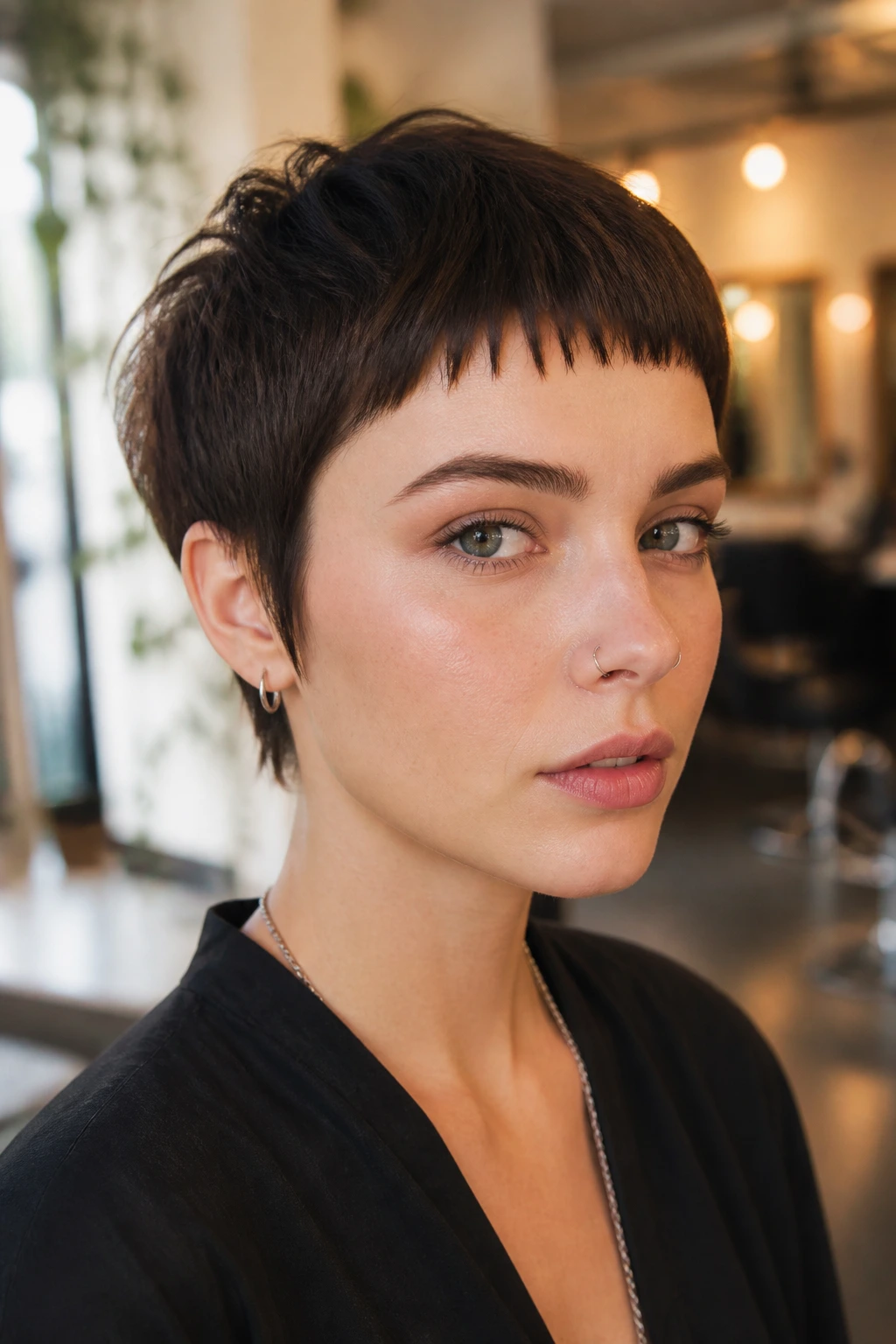 Close-up of a real person with micro fringe illustrating how short fringe changes the cut.