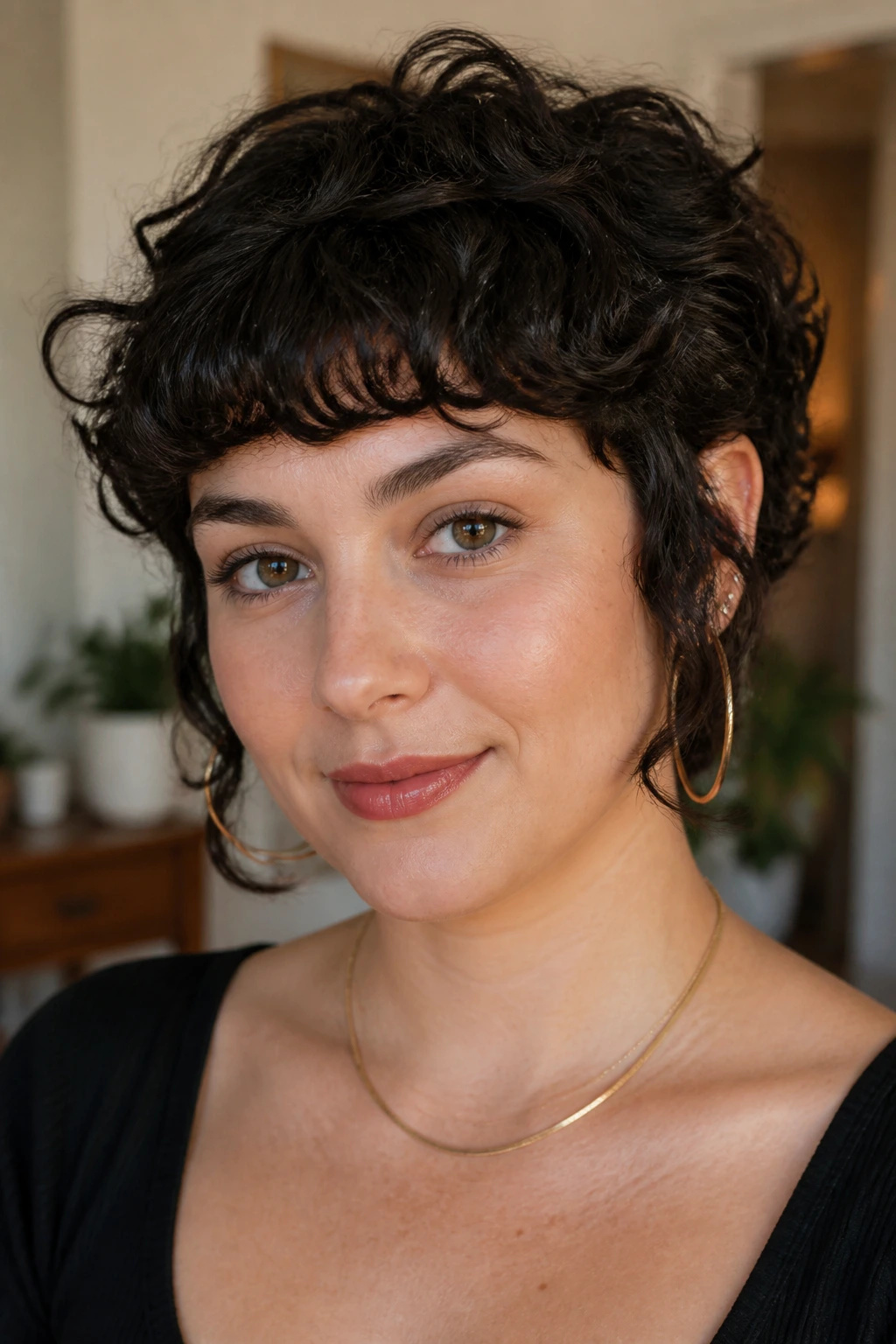 Woman with short fringe and temple pieces framing her face