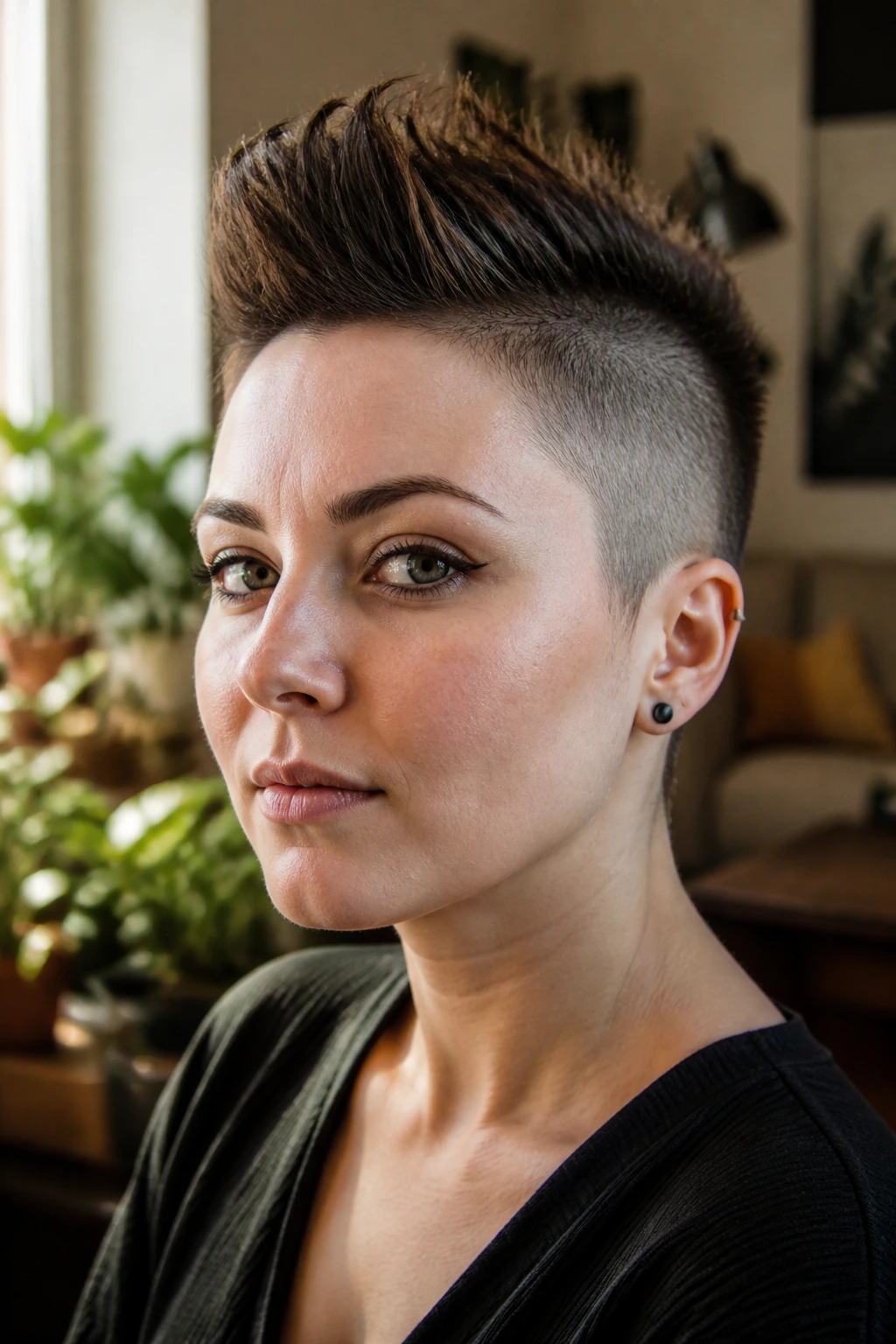 Close-up of a real person with a short frohawk pixie haircut in warm window light