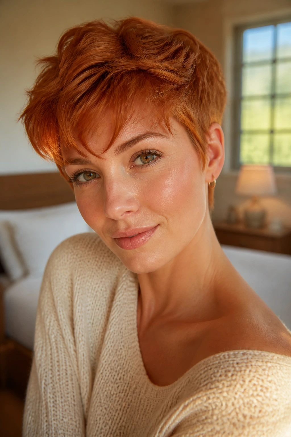 Close-up portrait of a real person with copper short ginger hair, warm lighting