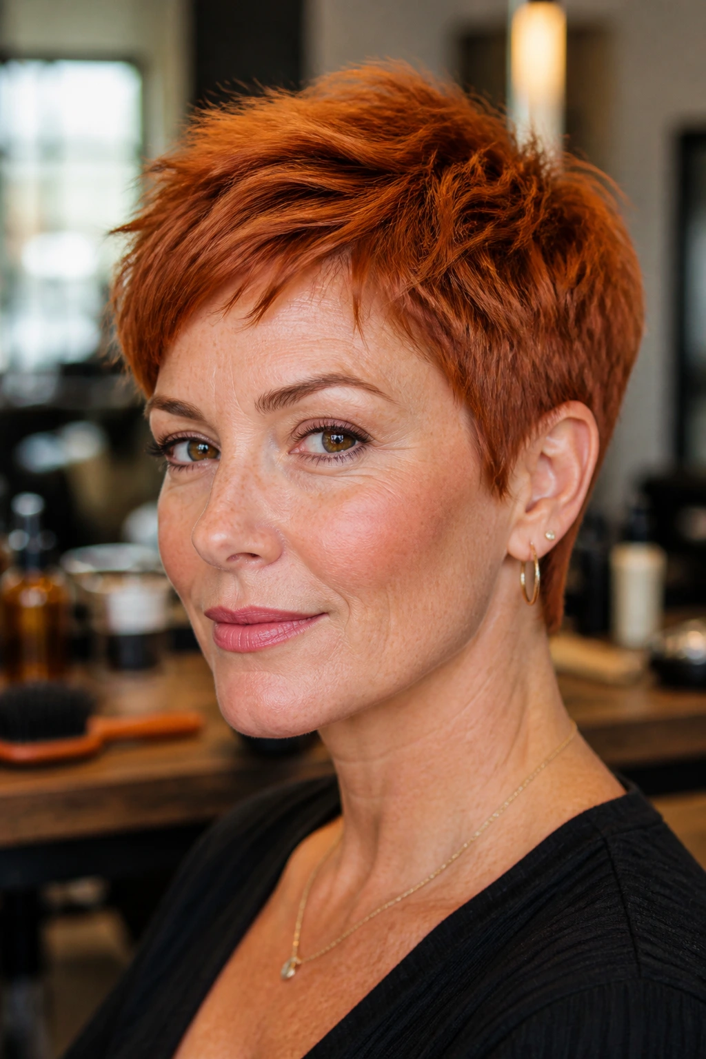 Close-up portrait of a real person with short ginger hair in a salon setting with blurred tools in the background.