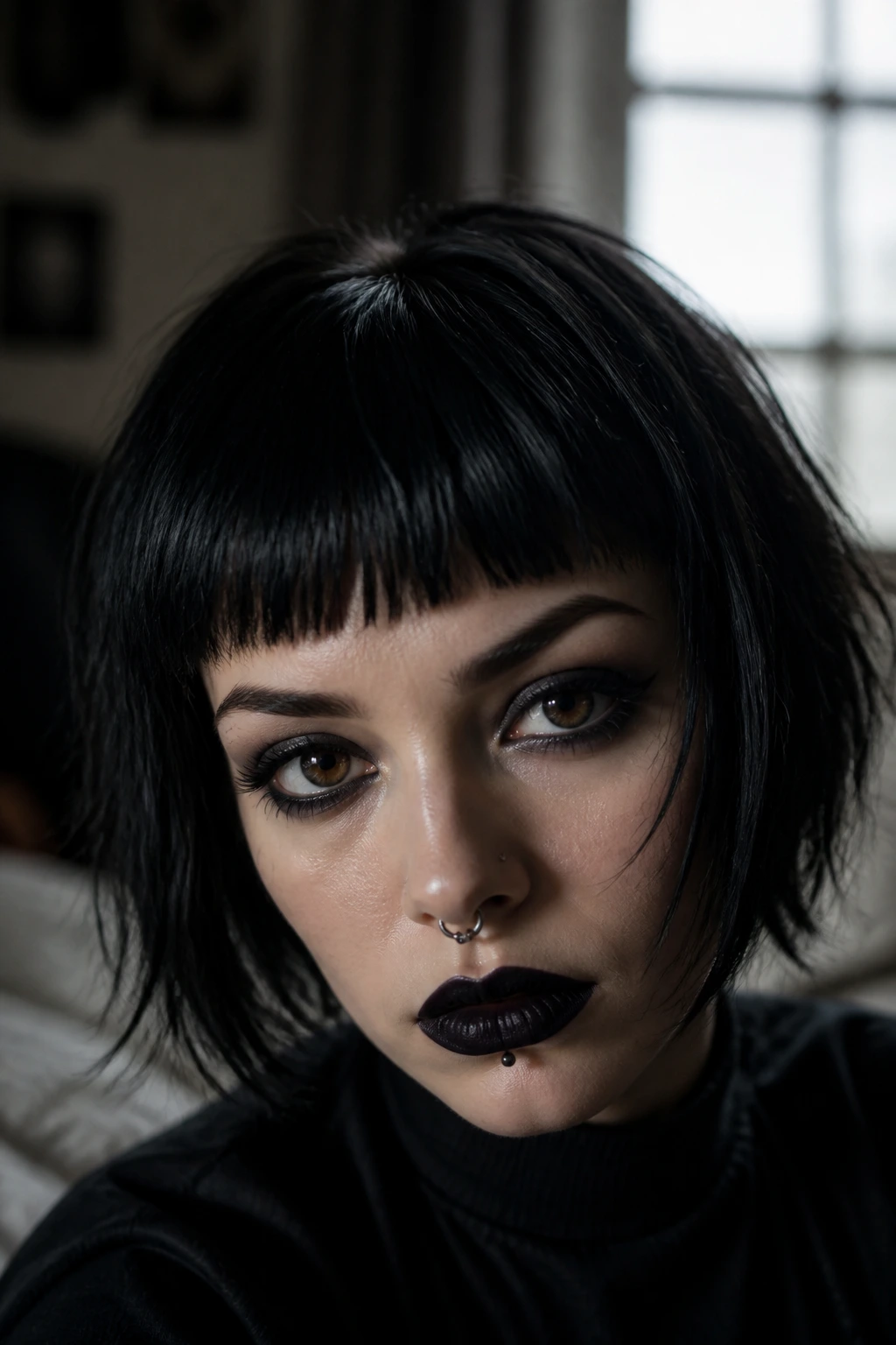 Close-up of a real person with a bold short goth fringe in moody window light