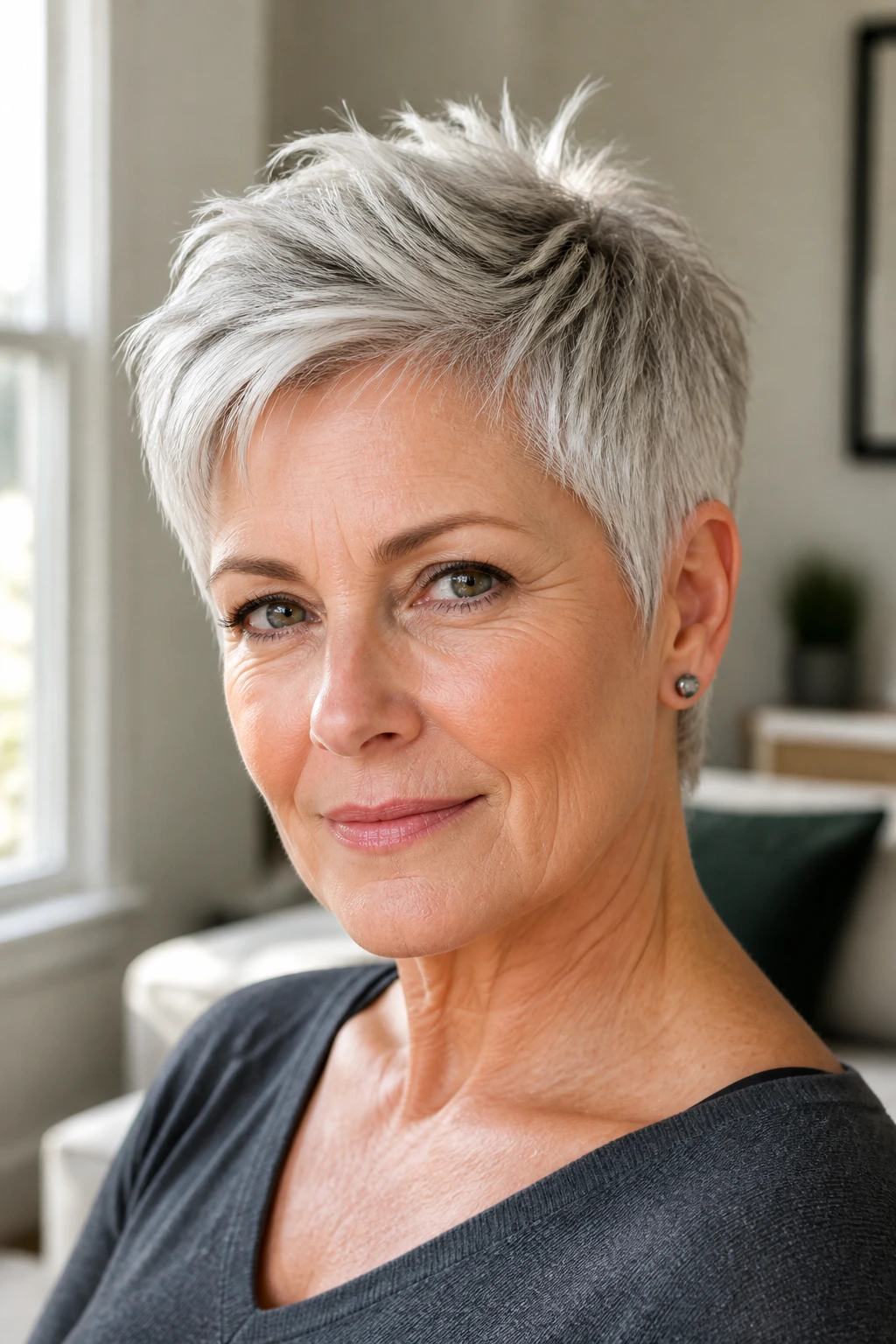 Close-up portrait of a woman with a short silver pixie cut, lifted crown and crisp lines.