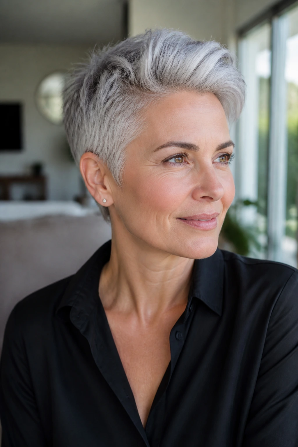 Close-up of short gray hair styled in a clean shape on a real person.