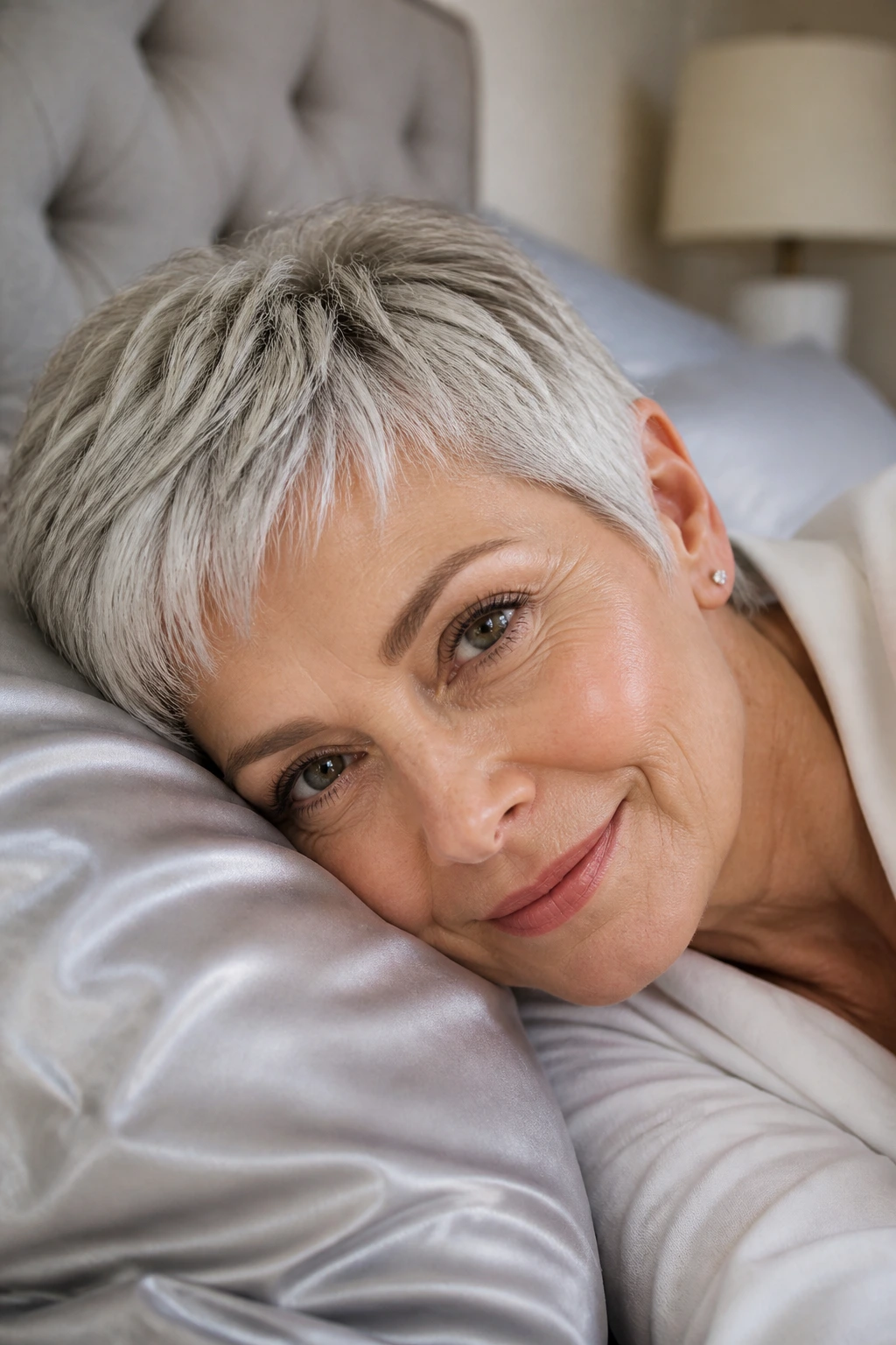 Close-up of a woman with a crisp short gray cut resting on a satin pillow.