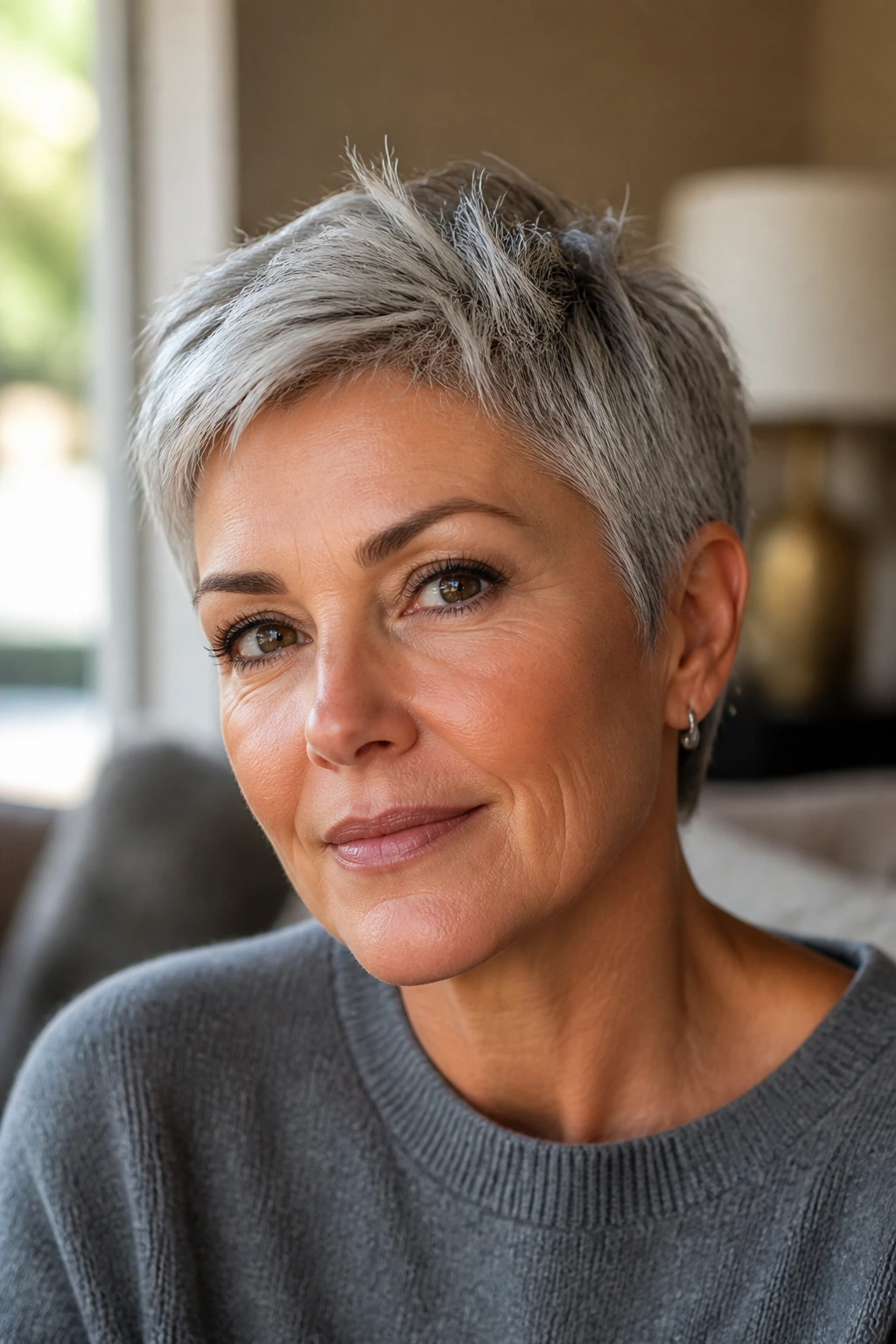 Close-up portrait of a real person with short gray hair showing silver sheen near the face