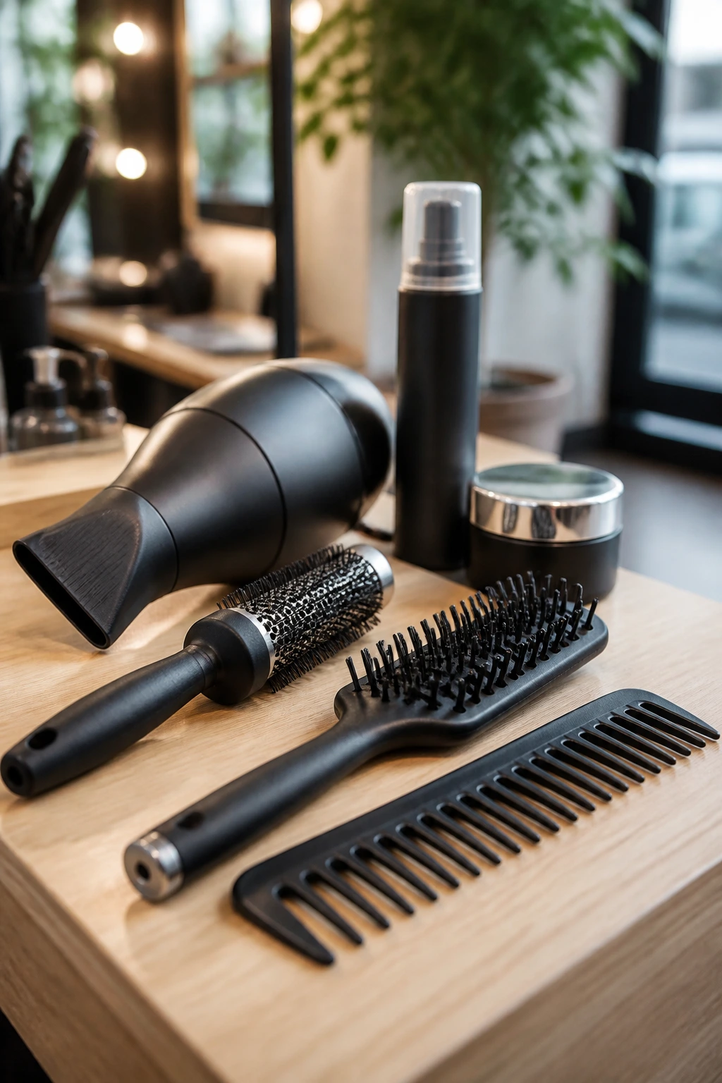 Close-up of essential styling tools for short gray hair on a wooden surface