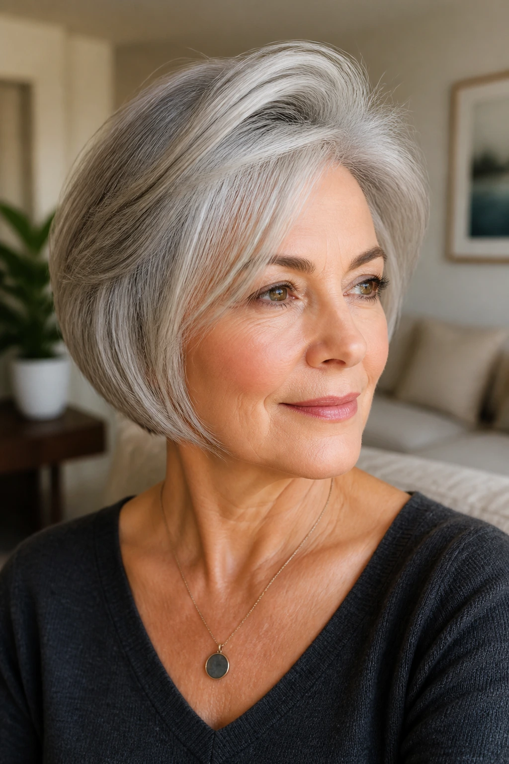 Portrait of a woman with a short gray bob styled with crown volume.