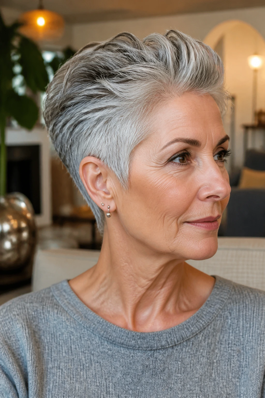Close-up portrait of a real woman with a structured short gray haircut showing backbone and definition