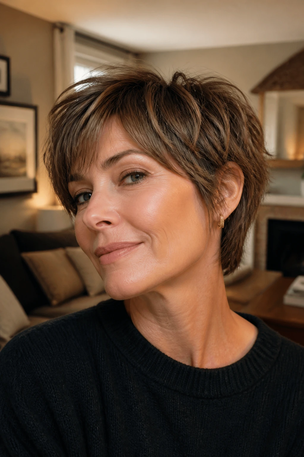 Portrait of real woman with bold choppy haircut showing backbone silhouette