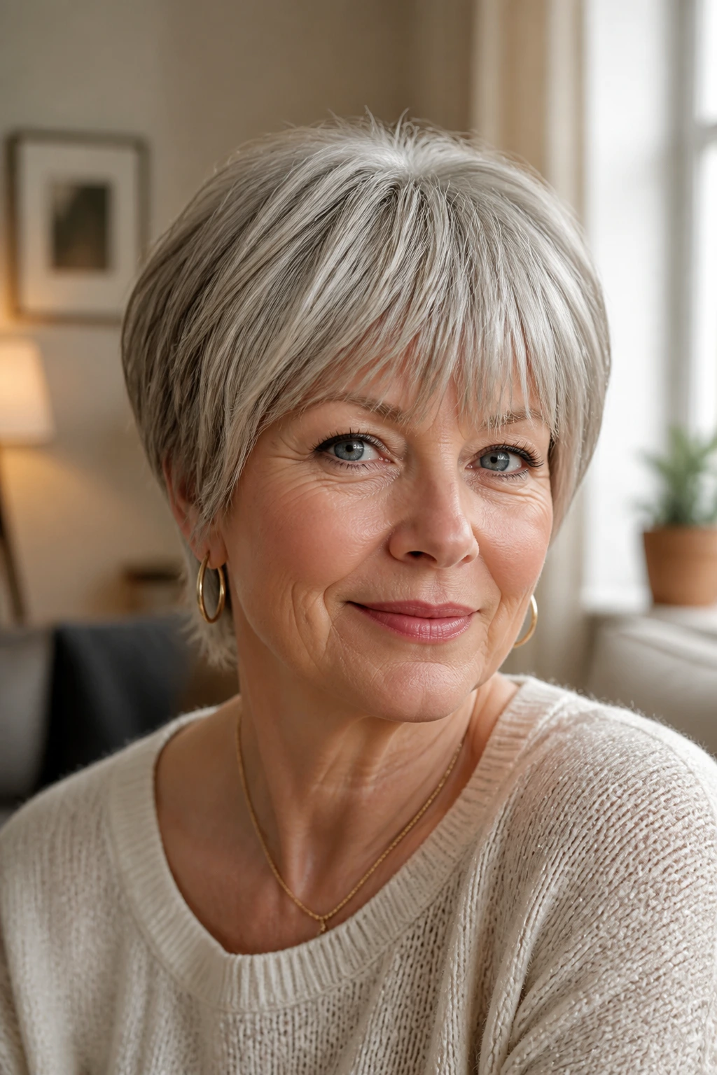 Portrait of a 60+ woman with short hair and bangs in a warm home setting