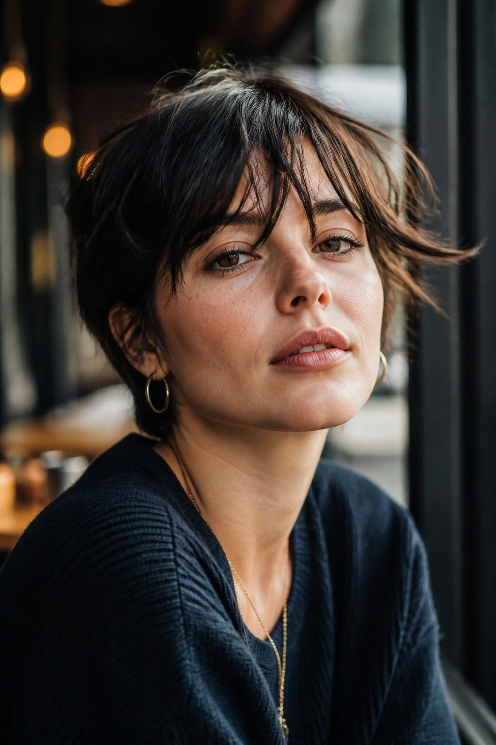 Close-up portrait of a person with short hair and piecey bangs demonstrating movement.