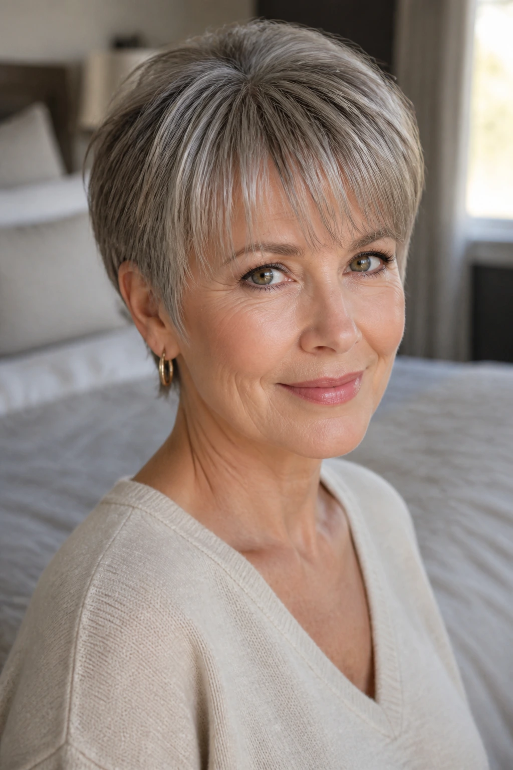 Close-up portrait of a real woman with a short bangs haircut in natural window light