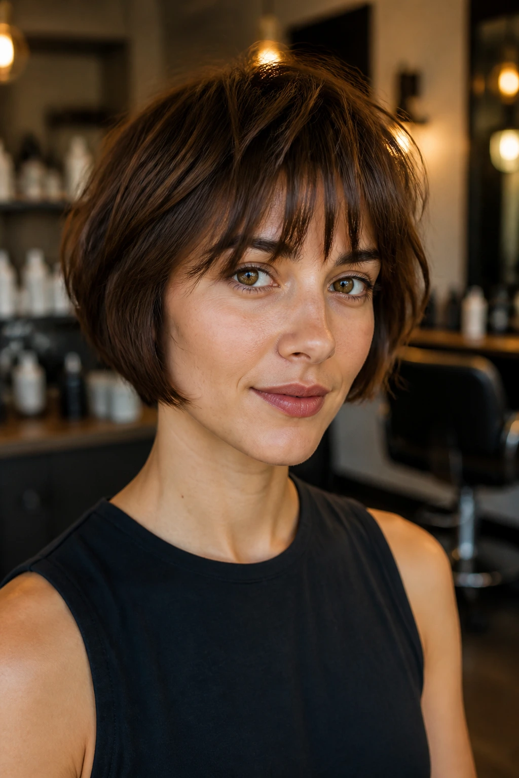 Close-up portrait of a real woman with short hair and bangs under warm salon lighting