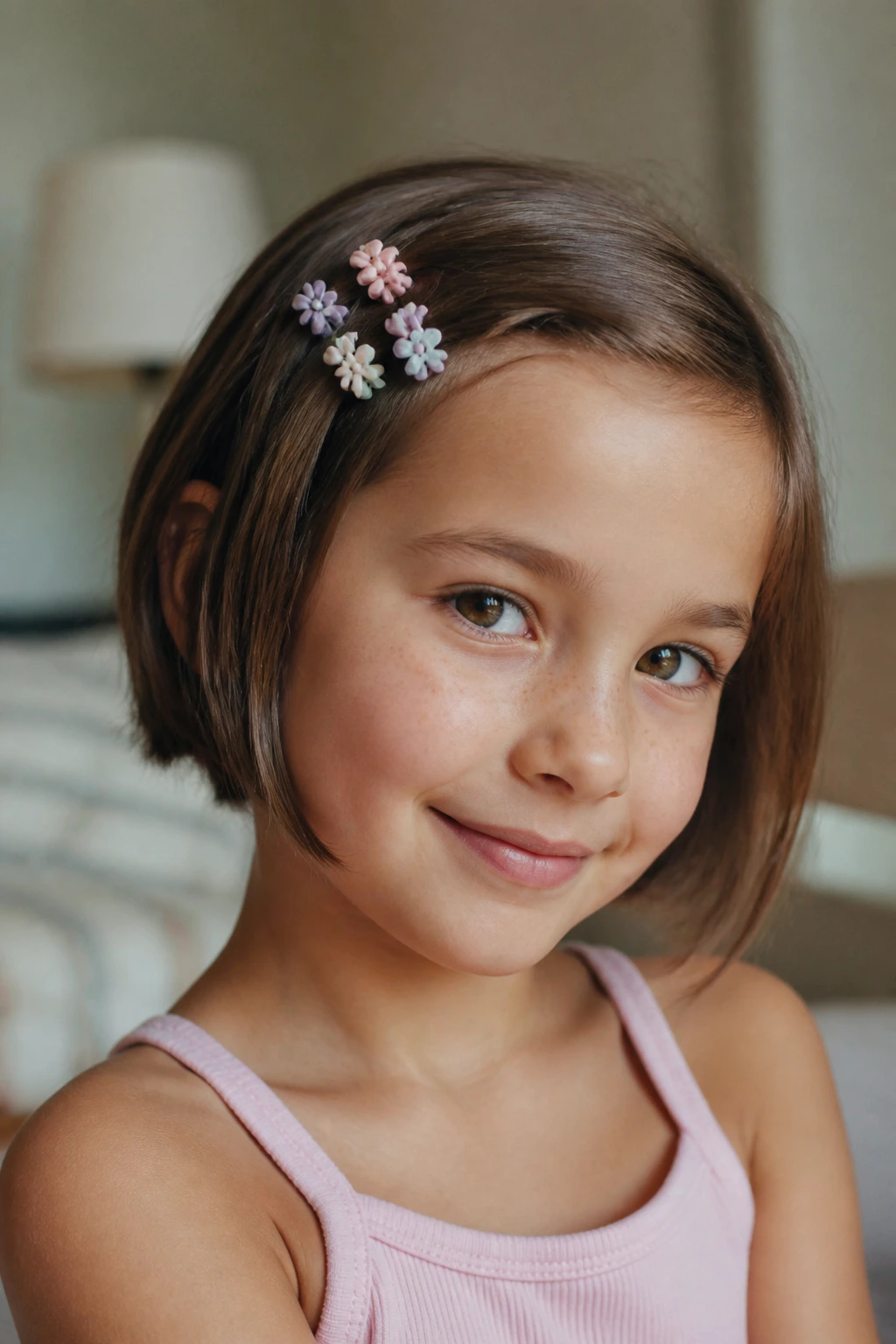 Close-up of a child with short hair and tiny barrettes at the temple