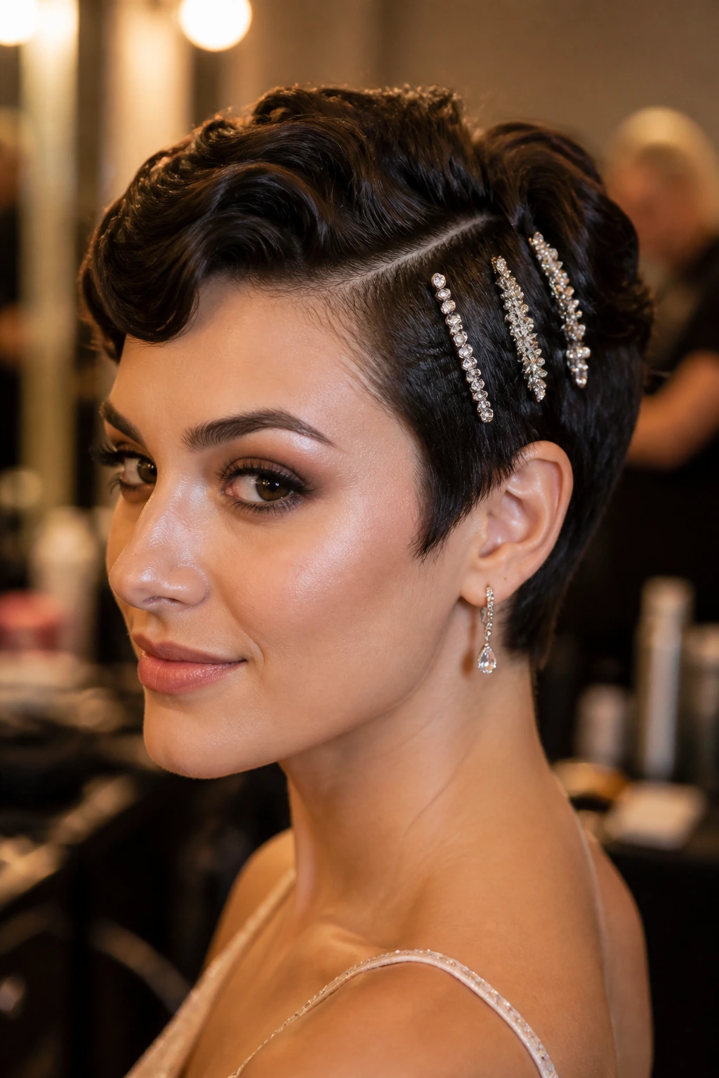 Close-up of a pixie-cut hairstyle with sculpted waves and crystal barrettes on one side