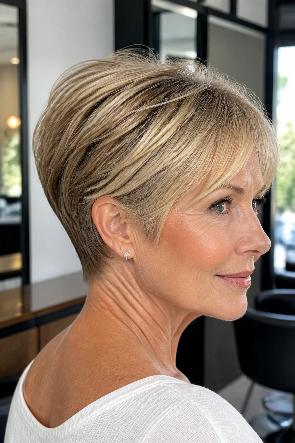 Close-up of a real person with short hair showing how blonde sits on a compact cut.