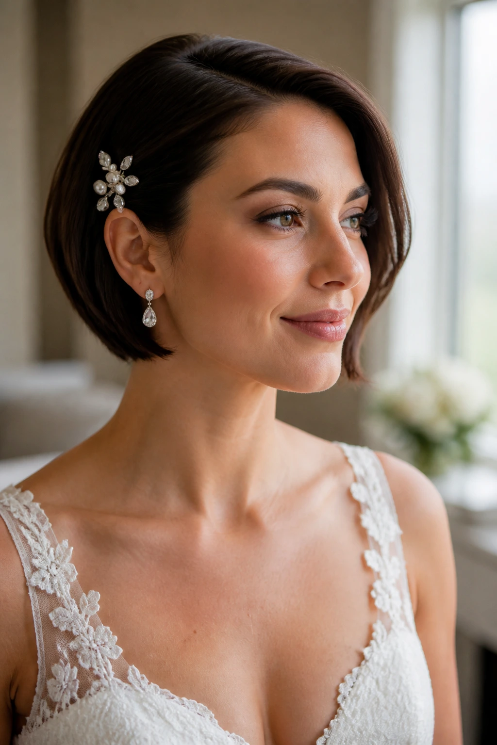 Close-up of a bride with a sharp short bob in a softly lit bridal suite