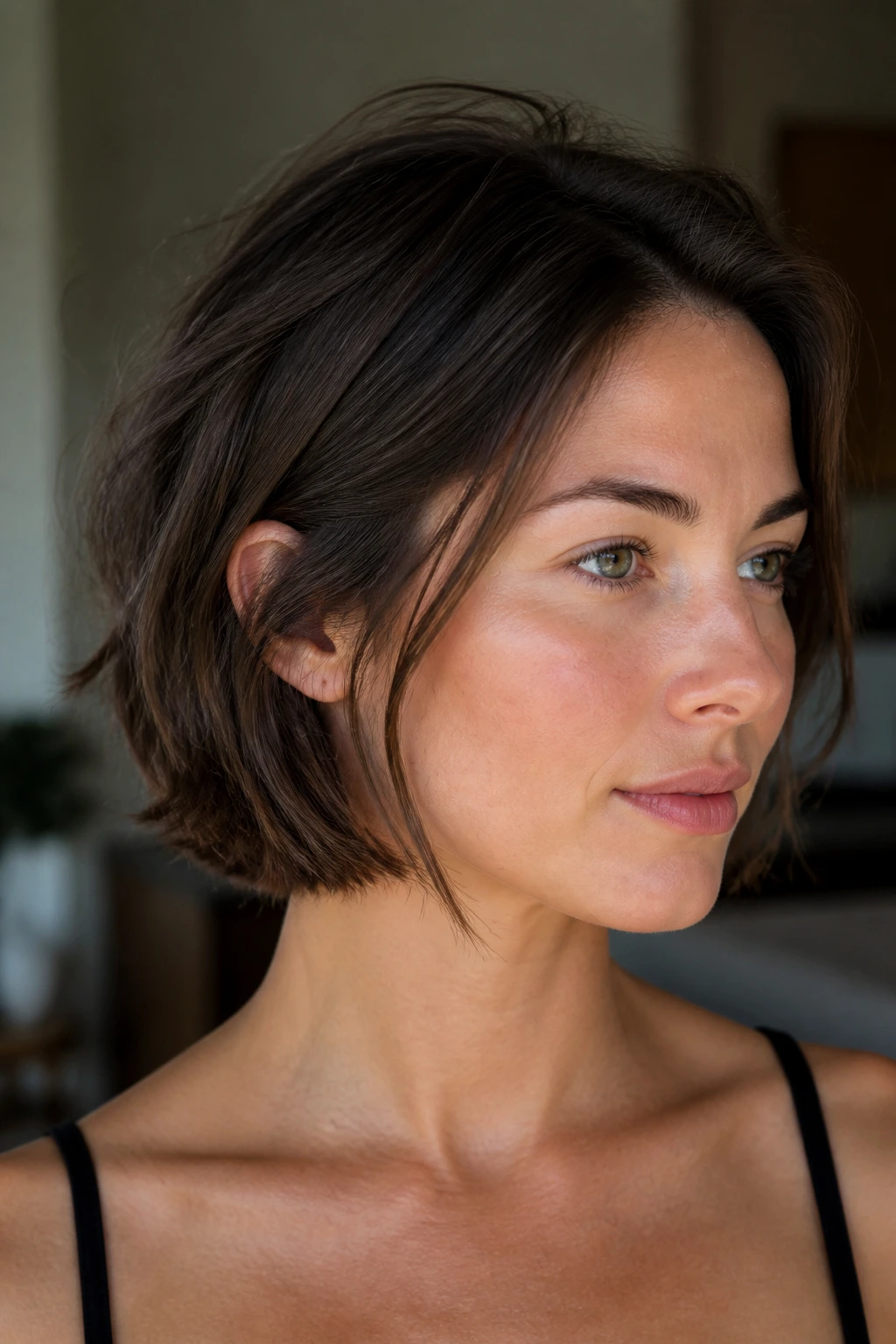 Close-up portrait of a real person with a short bob hairstyle in warm indoor light