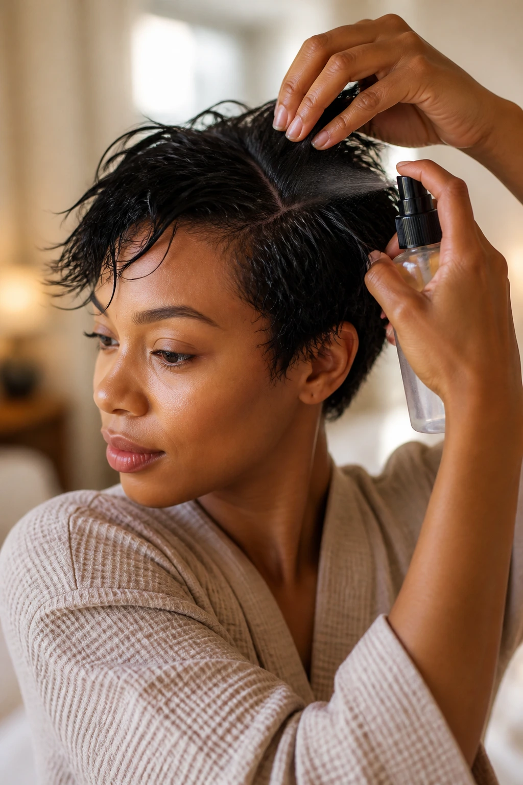 Close-up of short-haired woman prepped for braids with texture spray at the roots in natural light