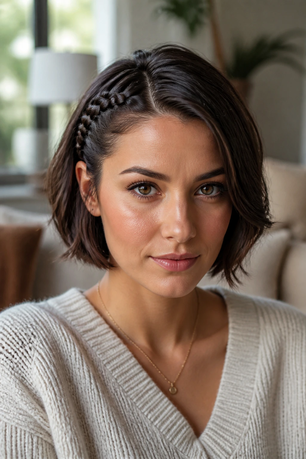 Close-up of real woman with short bob and temple braid showing harmony with short hair.