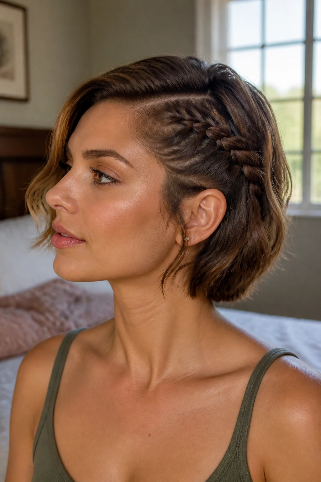 Close-up portrait of a real woman with a short bob and a side French braid, natural window light