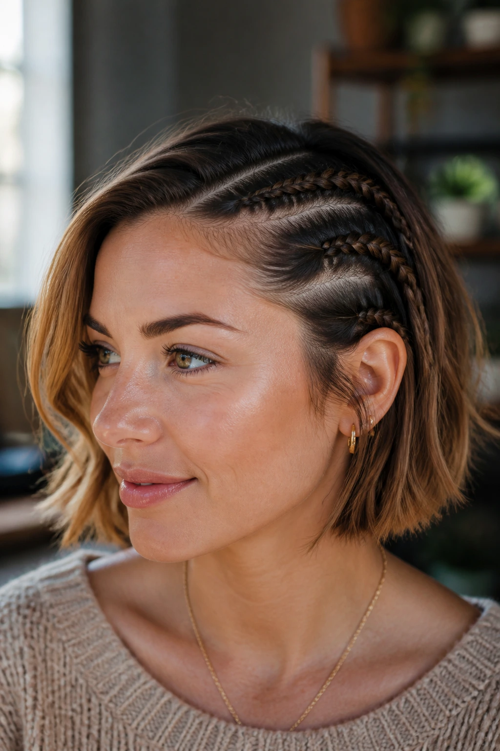 Close-up portrait of a real person with a short bob showcasing braids around the crown and hairline