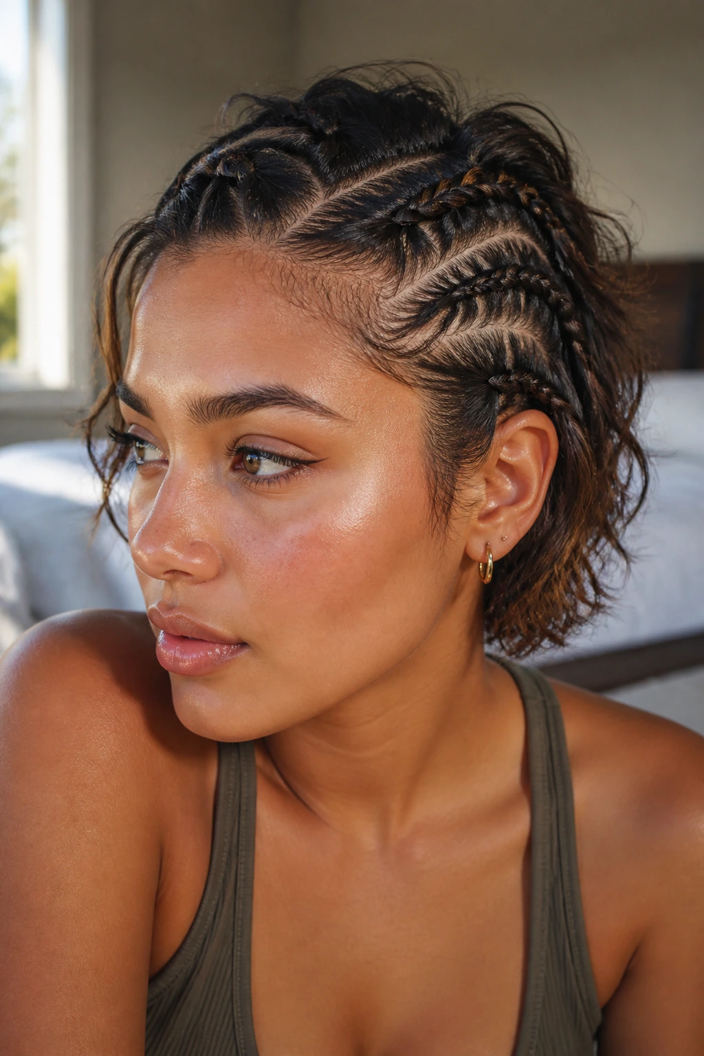 Close-up of a real woman with short hair showing braided ridges to illustrate braid shape on short hair