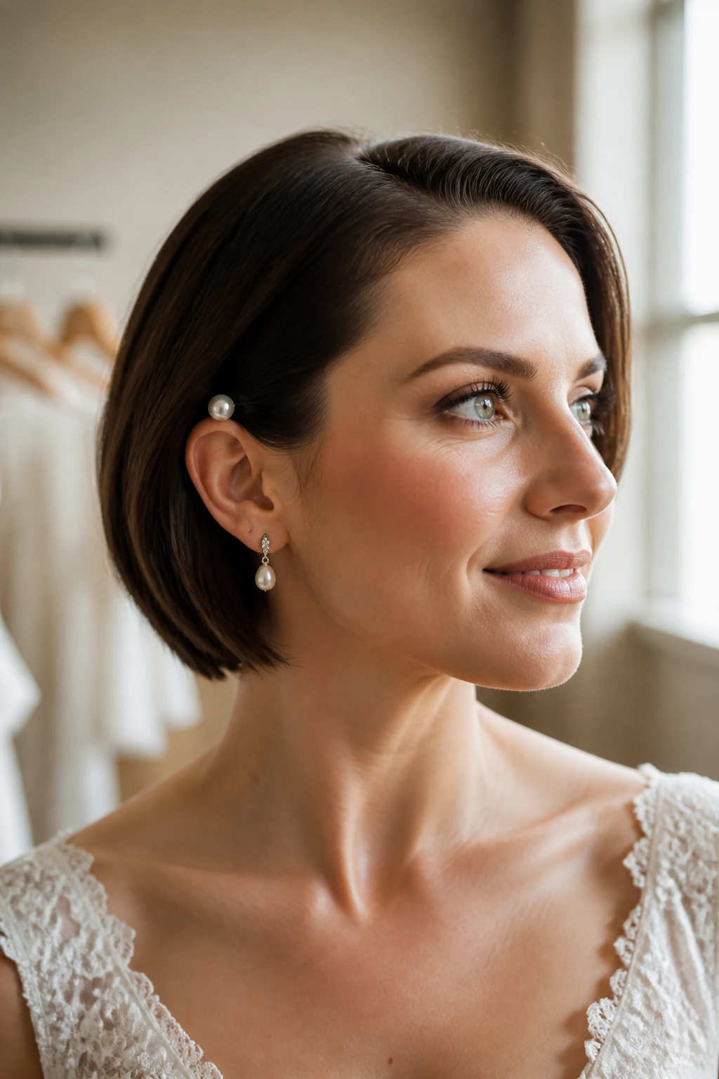 Close-up of a bride with a short bob and pearl pin highlighting accessory impact