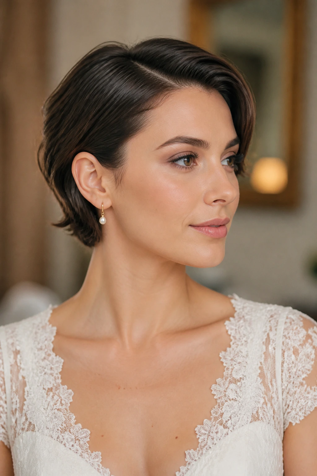 Bride with simple short-hair styling showing a clean side part