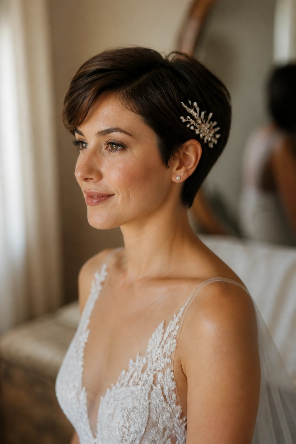 Close-up of a bride with a chic short hairstyle highlighting clean lines