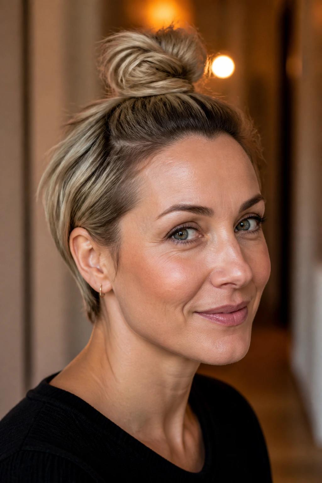 Close-up of a real woman with a tiny crown bun on short hair