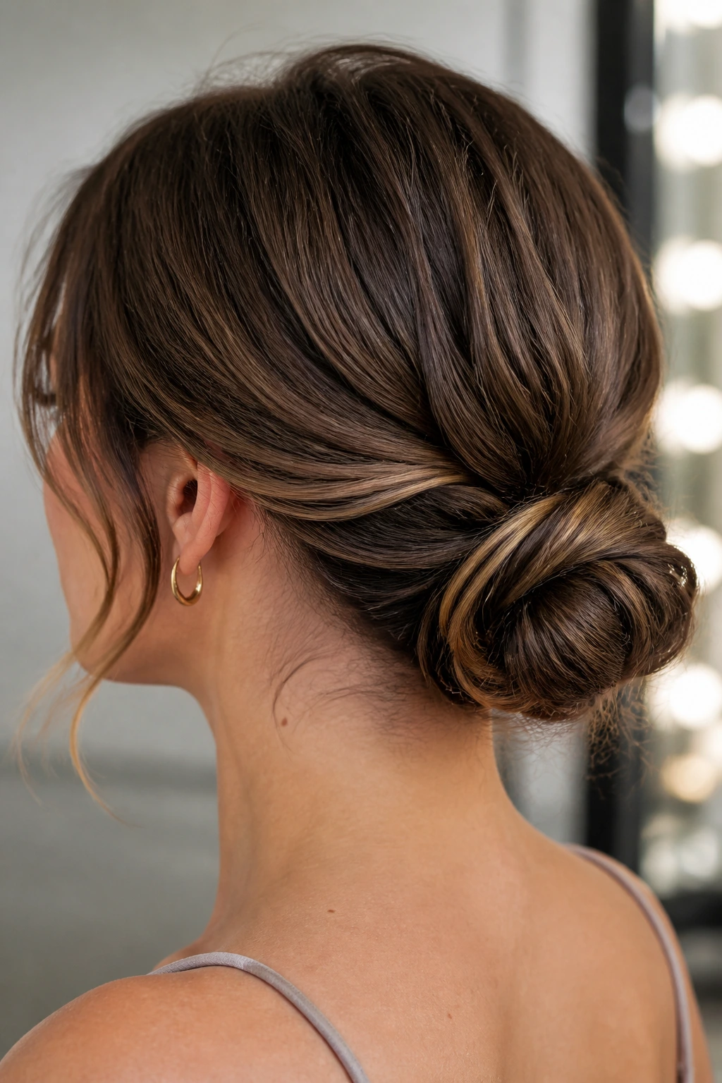 Close-up of a real person with a short hairstyle formed into a low bun at the nape