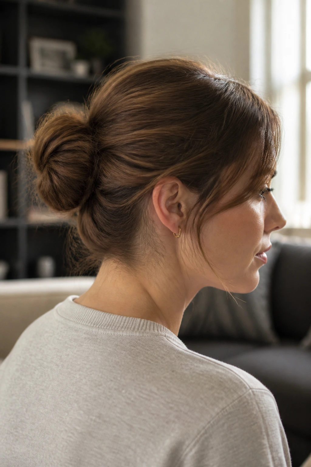 Close-up of a real woman with a short-hair faux bun at the back of her head.