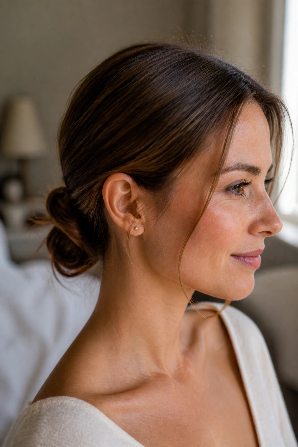 Close-up portrait of real woman with a tucked low bun at the nape in warm bedroom light