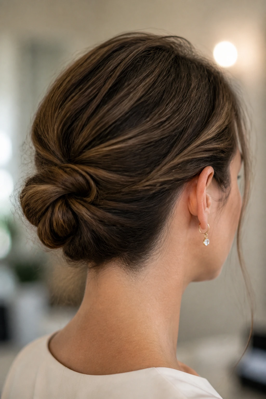 Close-up of a real woman with a tight short-hair chignon at the nape